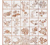 25 Pezzi Fiore Stencil, fiore di loto bambù foglia floreale stencil per artigianato fai da te su legno muro Home Decor (15x15cm)