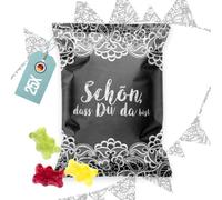 25 piccoli pacchetti di orsetti gommosi nero/bianco, con scritta in lingua tedesca "Schön dass du da bist"