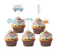 25 Pz Topper per Torta a Forma di Onda e Surf, 5 Stili Topper per Torta The Big One Sole Auto Tavola da Surf Onda Decorazione per Festa del Primo Compleanno per Compleanno Festa a Tema Estivo