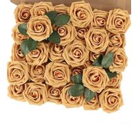 25 rose artificiali in morbida schiuma con steli per design floreale, centrotavola per matrimoni, fai da te, decorazioni per la casa, progetti artigianali ed eventi (oro)