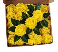 25 Rose Artificiali in Schiuma, Testa di Fiore in Schiuma Real Touch Bouquet da Sposa Giallo per Bouquet da Sposa Fai da Te Baby Shower con Steli per Composizioni Floreali, (rose