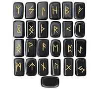 25 rune rettangolari in agata nera con alfabeto Futhark inciso, divinazione, guarigione, chakra, Reiki, con un sacchetto, dimensioni: 20-25 mm, B08Z79SY, piccolo, gemma, Small, Gemma