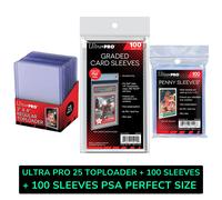 25 TOPLOADER ULTRA PRO + 100 SLEEVE CARTE GRADATE PSA + 100 REGULAR SLEEVES New