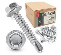 250 viti di foratura 6,3 x 38 mm con testa esagonale DIN 7504K in acciaio zincato con punta per lamiera trapezoidale e lamiere metalliche