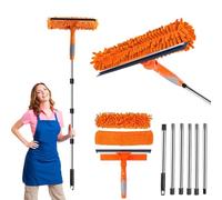 250cm Lavavetri con Manico Telescopico, Lavavetri 2 in 1 con Tergivetro in Silicone e 2 Tampone in Microfibra, Kit per Lavaggio Finestre per Vetro, Porta Doccia, Parabrezza Auto (Arancione)