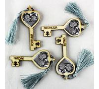 25345 Bomboniere Chiave Portafortuna in Legno con Coppia Angeli Azzurro (kit 12