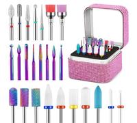 25Pcs Nail Drill Bits Set with Rhinestone Box, 3/32 Inch Nail Drill Bits for Acrylic Nails, Ceramic Diamond Carbide Cuticle Efile Remover Bits for Home Salon Acrylic Gel Nail (Pink Rhinestone)