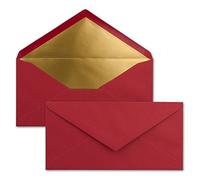 25x Buste formato lunghe - Colore: Rosso scuro - con rivestimento interno metallizzato oro - 110 x 220 mm - Colla a umido - Buste festive per Natale