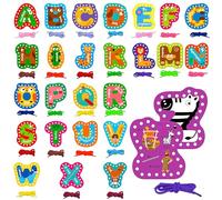 26 Carte da infilare per bambini, 26 Carte da cucito doppie con lettere maiuscole su entrambi i lati con 26 Lacci colorati, Giocattoli di infilatura per lo sviluppo dell'immaginazione per bambini