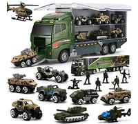 26 in 1 Camion E Soldatini Giocattoli Militari Kit, Giocattolo dell'Esercito Doppio Veicolo di Trasporto Laterale per Bambino, Bambina,Mini Auto da Battaglia Pressofusa in Camion Portapacchi