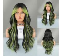 26 Inch Long Wavy Wig for Women, Layered Synthetic Wig with Curtain Bangs | Wavy layered wig with curtain bangs, heat-resistant fiber, natural look, soft feel, adjustable fit.(Green)