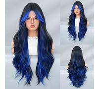 26 Inch Long Wavy Wig for Women, Layered Synthetic Wig with Curtain Bangs | Wavy layered wig with curtain bangs, heat-resistant fiber, natural look, soft feel, adjustable fit.(Blue B)