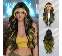 26 Inch Long Wavy Wig for Women, Layered Synthetic Wig with Curtain Bangs | Wavy layered wig with curtain bangs, heat-resistant fiber, natural look, soft feel, adjustable fit.(Bright Yellow)
