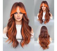 26 Inch Long Wavy Wig for Women, Layered Synthetic Wig with Curtain Bangs | Wavy layered wig with curtain bangs, heat-resistant fiber, natural look, soft feel, adjustable fit.(Orange)