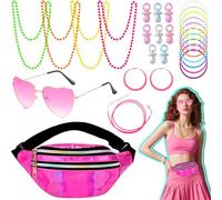 26 pezzi 80 anni '90 accessori per abbigliamento da donna retrò neon outfit set accessori con marsupio occhiali collana bracciale orecchini ciuccio ciondolo per adulti carnevale festa a tema Halloween