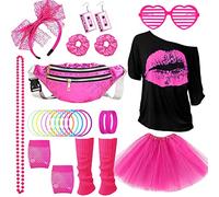 26 pezzi, accessorio per feste, discoteca al neon degli anni '90, t-shirt, tutù, braccialetto, borsa banana, occhiale, braccialetto, collane, cavigliere, abbigliamento anno tema sera carnevale donna