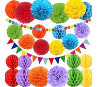 26 Pezzi Kit di Addobbi Compleanno per Feste Decorazioni Compleanno Multicolore con Palline a Nido d'Ape Fiori di Carta Bandierine Colorate e Festoni Perfetto per Matrimoni Feste e Carnevale