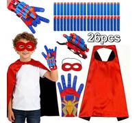 26 pezzi Set da gioco di ruolo da supereroe per bambini, include mantello reversibile nero e rosso, maschera, blaster da eroe, guanti da ragno, 2 cinghie e 20 dardi in schiuma, costume da supereroe id