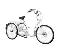 26 pollici triciclo a 6 marce, ruota seniore con cestello, sedile regolabile 84-96 cm, freno a disco anteriore, telaio in acciaio per anziani, shopping Picnic bicicletta da città, colore bianco