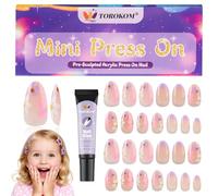 26 Unghie Adesive Per Bambini, TOROKOM Carine Unghia Finti Per Bambini Unghie Adesive Corte A Forma Di Mandorla Arte Degli Unghia Regalo Per Ragazze Con Colla (1 Pacchetto, Fiore Francese Viola)