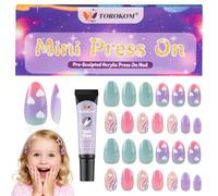 26 Unghie Adesive Per Bambini, TOROKOM Carine Unghie Finti Per Bambini Unghia Adesive Corte A Forma Di Mandorla Arte Degli Unghia Regalo Per Ragazze Con Colla Per (1 Pacchetto, Viola Blu)