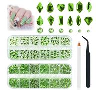 2630Pcs Light Green Nail Rhinestones 120 Multi Shapes Crystal Grass Green Flatback Rhinestones Gems +2510 Round Beads Glass Stones Diamonds jewels w Wax Pen for Nail DIY Face Eye Mackup Clothes Shoes