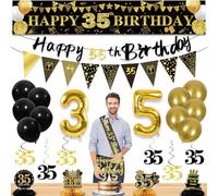 27 decorazioni per 35° compleanno da uomo, decorazioni per feste in oro nero per 35° compleanno, striscione a nido d'ape da appendere al tavolo turbinii e palloncini, decorazioni per torta di