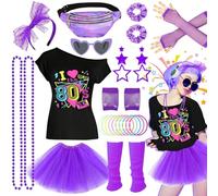 27 pezzi 80s Costume Accessories Disco Evening Dress 90s Neon Light T-Shirt Tutu Bracelet Fanny Pack Glasses Bracelet Necklaces Leg Warm Women Outfit Year Theme Party