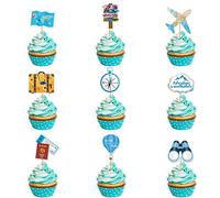 27 pezzi da viaggio a tema cupcake Toppers carta aereo lascia che le avventure iniziino torta topper per viaggi di compleanno laurea carriera cambio carriera accessori per feste baby shower