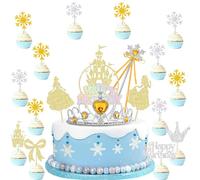 29PCS Frozen Crown Snowflake Stick Kids Cake Decoration, inserto per torta di compleanno castello fiocco di neve oro e argento, Elsa, Cenerentola Birthday Party