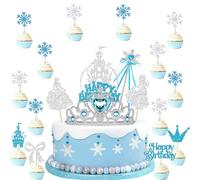 29PCS Frozen Crown Snowflake Stick Kids Cake Topper, blu e argento fiocco di neve castello torta di compleanno inserto, Elsa, Cenerentola Birthday Party