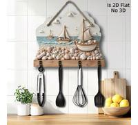 2D Piatto, 1 pezzo, Gancio per chiavi multifunzionale in legno con motivo "Barca a vela, conchiglia e spiaggia" (11,8"X9"), con 4 ganci in metallo, decorazione da parete, portico, stanza, decorazione