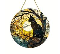 2D Piatto, 1 pezzo, Gatto Nero Prima del Tramonto Artistico Vetrata Appeso, Regalo per Amanti dei Gatti per Mamma, Famiglia, Amici, Cartello Rotondo in Acrilico, Giardino, Cortile, Casa, Esterno Arte