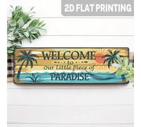 2D Piatto, 1 pezzo Semplice "Benvenuti nel nostro piccolo pezzo di paradiso" Appeso al muro in ferro - Tema spiaggia tropicale, Stile vintage, 4x16 pollici, Adatto per camera da letto, soggiorno, vera