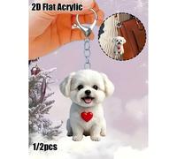 2D piatto - Portachiavi in acrilico carino a forma di cane Maltese con cuore rosso - Portachiavi in stile cartoni animati, moschettone, perfetto per chiavi d'auto, zaini e borse, ciondolo per borse, c
