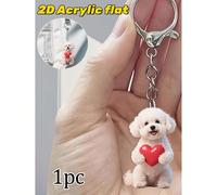2D Portachiavi in acrilico a forma di simpatico cane Maltese con cuore, stile cartoni animati carino, con moschettone, perfetto per chiavi di auto, zaini e borse, ciondolo per borse e auto, decorazion