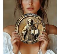 2D Wall Art - Medaglia di San Benedetto, placca metallica dorata in rilievo, 1 pezzo, dimensioni 8x8 pollici (20*20cm), facile da appendere, adatta per casa, cucina, garage, sala da pranzo, bar, club,