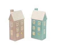 2er Set LED Decorazione Case Sommerhaus H.22cm Beige Blu Terraglia FORMANO