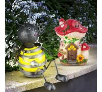 2er Set LED Solare Decorazione Luci Giardino Statue Ape Casa-Fungo Esterni Bunt