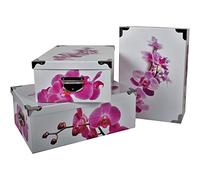 2J Set di 3 scatole Originali in Cartone Stampato Orchidea con Angoli e Maniglie in Metallo. Molto Bello Grande Decorato Dimensioni Scatola di Design Moderno: 38x26,5x14, 40x28,5x15, 42x30x16 Cm