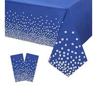 2P 137x274cm Tovaglie Usa e Getta Blu Scuro e Argento per Feste, Tovaglia da Tavolo Rettangolare in Plastica con Coriandoli a Pois Eid Mubarak Copritavolo per Picnic, Compleanno, Matrimonio