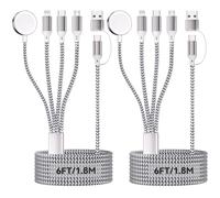 2Pack 4 in 2 Multiplo Rapida Caricatore per A pple Watch, 1.8M/6FT Cavo Ricarica in Nylon con Porta iOS/Micro USB/Tipo C/iWatch, Compatibile per iWatch Ultra/SE/1-11/iPhone/AirPods/Galaxy/Huawei