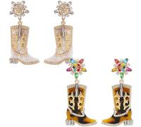 2Pairs Western Cowboy Boot Dangle Earrings for Women, Leopard & White Rhinestone-Encrusted Cowgirl Earrings, Western Statement & Party Jewelry