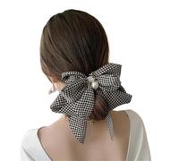 2PC Vintage Houndstooth Pattern Big Bow Hairpin,Satin Pearl Streamer Spring Clip(Black Houndstooth)
