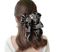 2PC Vintage Houndstooth Pattern Big Bow Hairpin,Satin Pearl Streamer Spring Clip(Black Paisley)