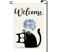2Pcs Bandiere Da Cortile Spring Cats Black Hydrangea Blue Flowers Welcome