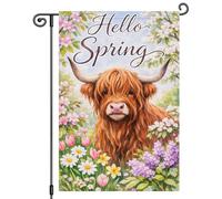 2Pcs Bandiere Da Giardino Hello Spring Highland Cow