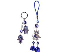 2PCS Blue Eye Gufo Portachiavi a mano Antico Amuleto Portafortuna Home Office Car Decor Appeso Ornamento Lega di ferro Lucite 22,5 cm 13,8 cm