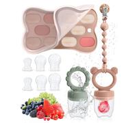 2pcs Ciuccio Frutta Neonati per Bambini per Alimenti 3 4 5 6+ mesi, Portare 6 capezzoli in silicone,1 catenella per capezzoli,1 stampo per cubetti di ghiaccio (verde e rosa)