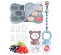 2pcs Ciuccio Frutta Neonati per Bambini per Alimenti 3 4 5 6+ mesi, Portare 6 capezzoli in silicone,1 catenella per capezzoli,1 stampo per cubetti di ghiaccio (viola e blu)